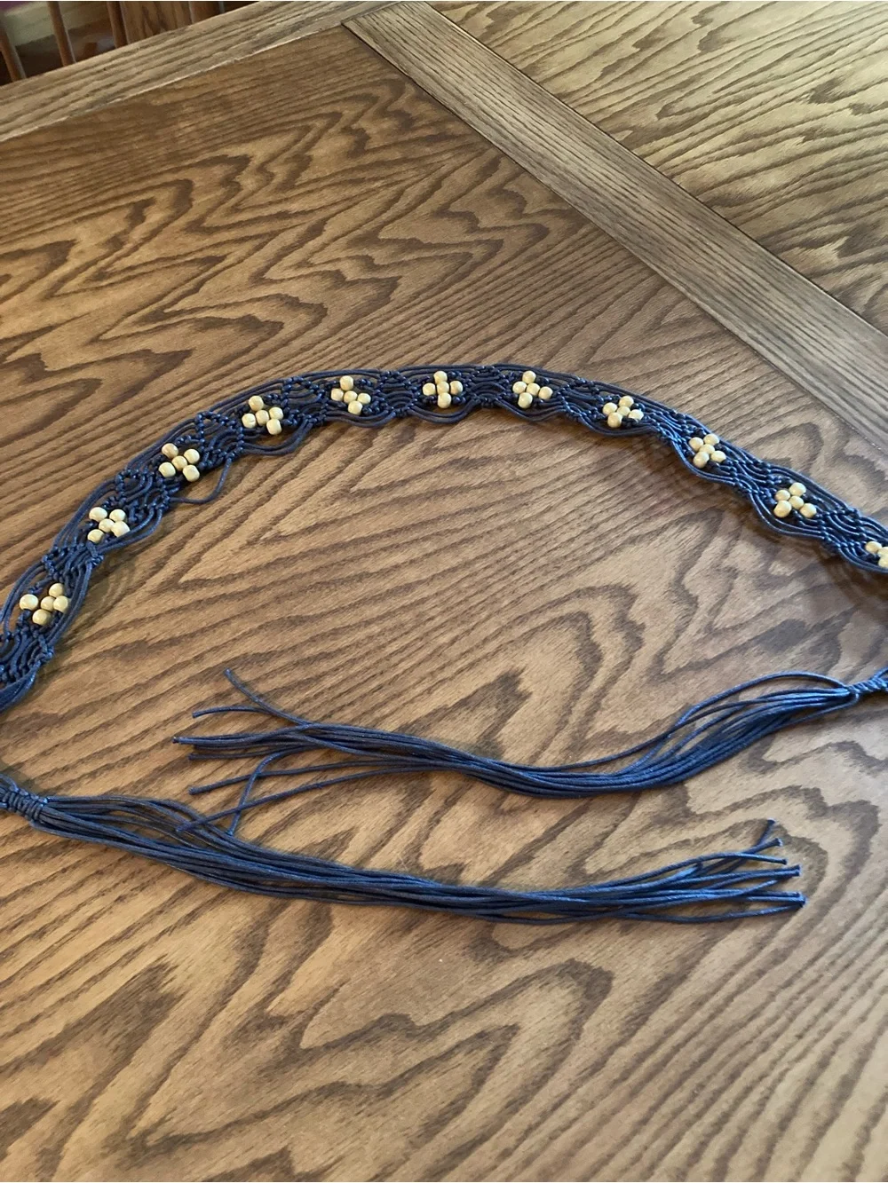 Vintage Boho Macrame Belt Wooden Bead Tassels; Boho Wooden Bead O-Ring Belt, 57”